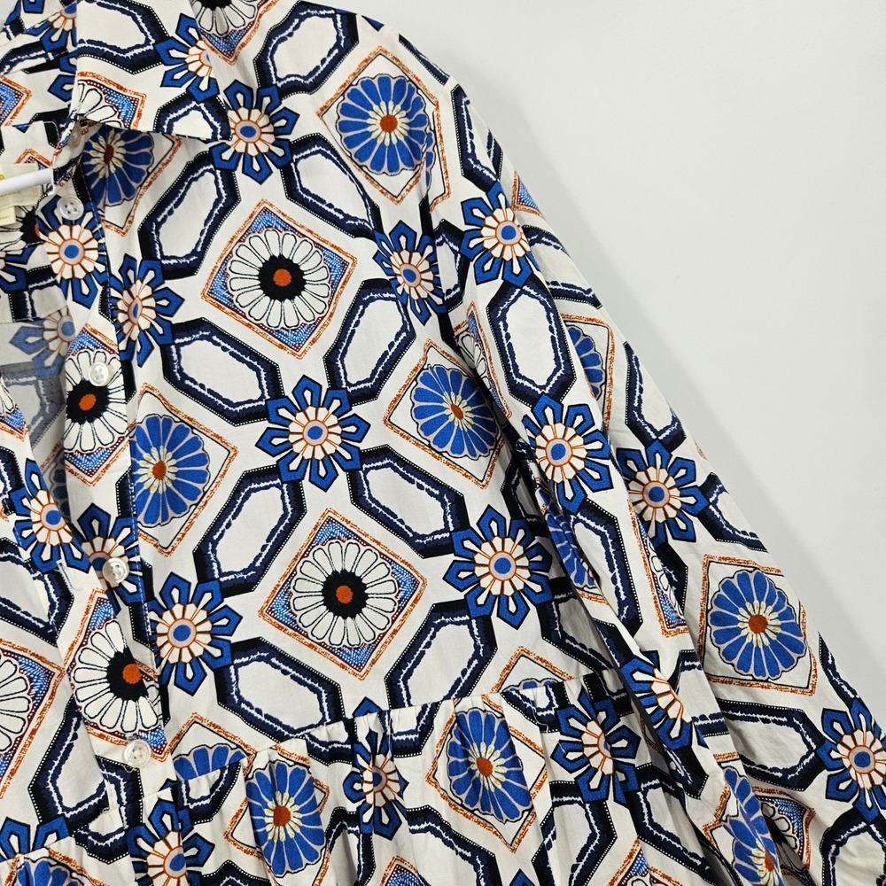 Maeve Anthropologie Bettina Tiered Shirt Dress Blue White Geometric Tile Print M - Picture 7 of 10
